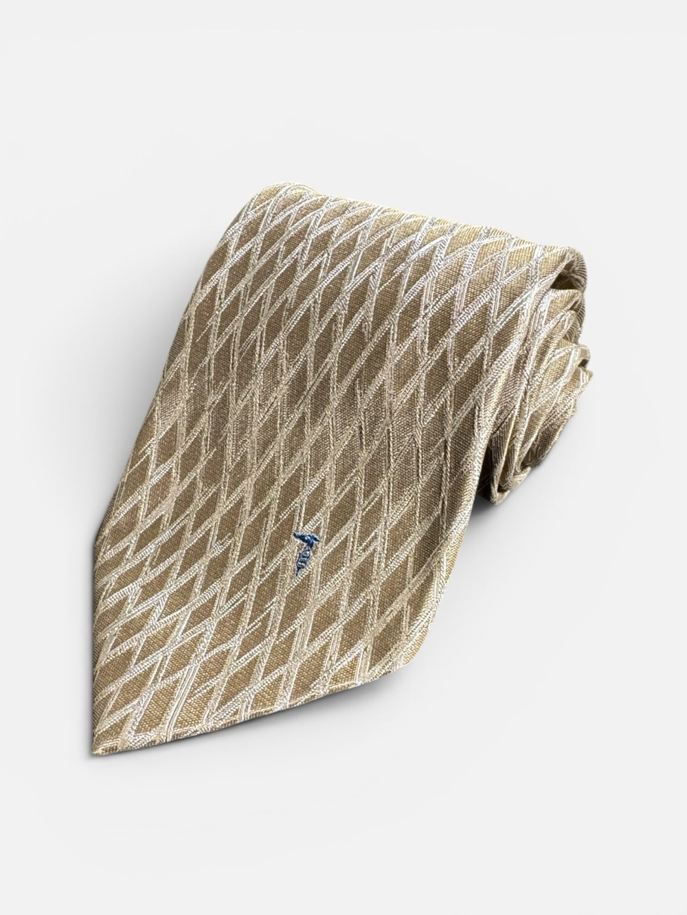 Trussardi mens tan diamond geometric pattern 100% silk neck tie EUC